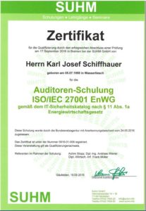 Nachweis der Teilnahme an einer ISO 27001 Auditoren Schulung im Bereich Energieversorgung